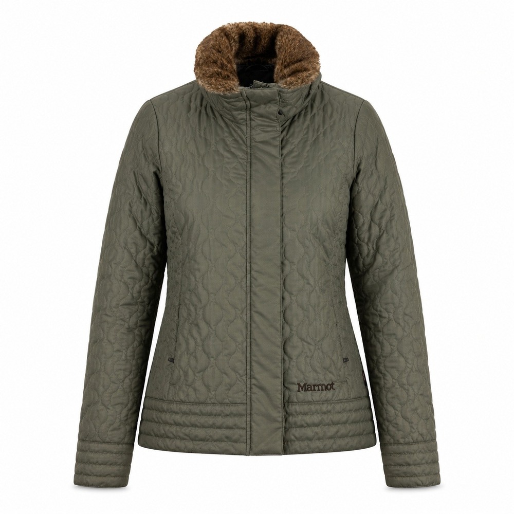 Marmot Quilted Jacket Womens M Olive Green Faux Fur Trim Puffer Gorpcore Outdoor